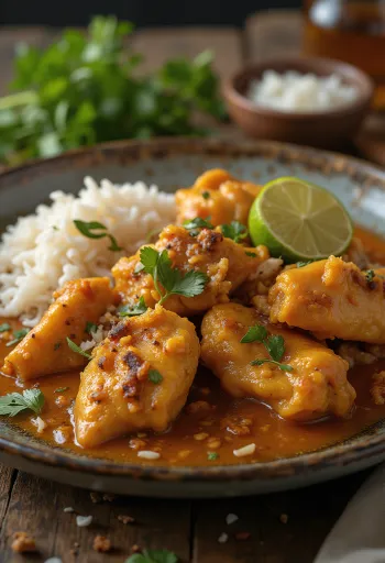 Rendang ayam podany ze świeżą kolendrą i dodatkami