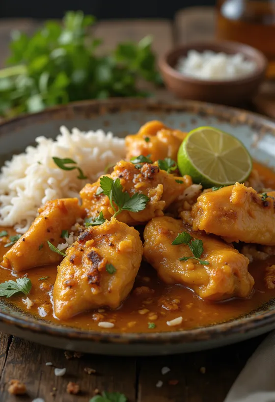 Rendang ayam podany ze świeżą kolendrą i dodatkami