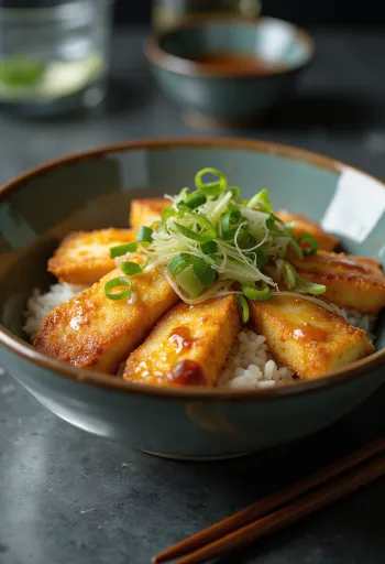 Katsudon z tofu w sosie sojowym, podane ze świeżą dymką