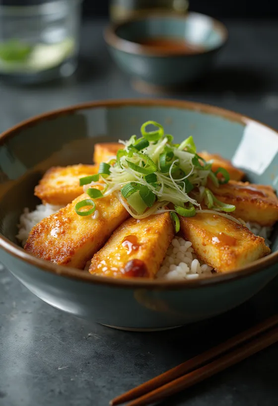 Katsudon z tofu w sosie sojowym, podane ze świeżą dymką