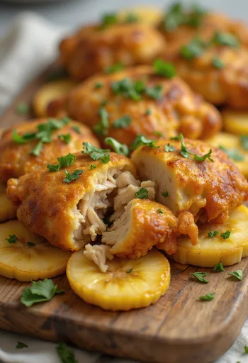 Acarajé z kurczakiem, kulki z tapioką, podane ze smażonym bananem i kolendrą