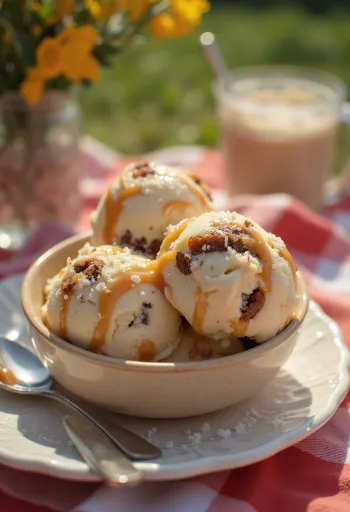 Lody Salted Caramel Brownie podane z sosem karmelowym i kawałkami brownie