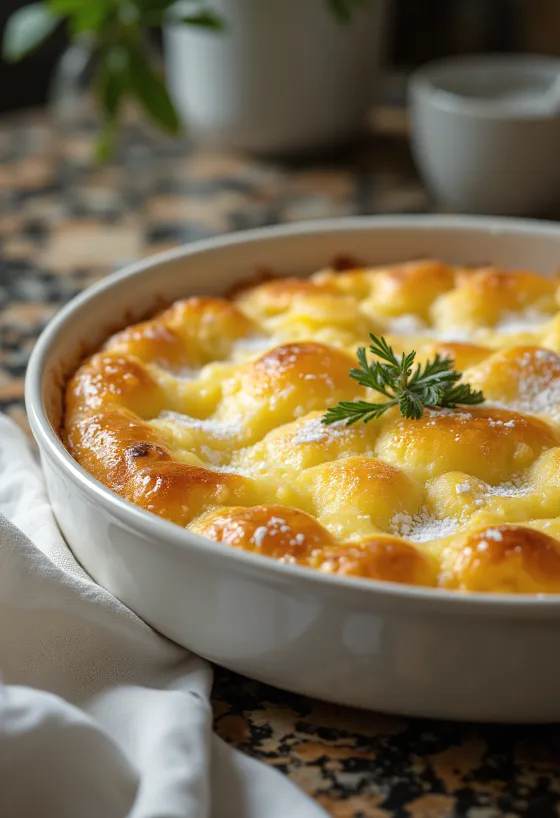 Świeże, złocistobrązowe Clafoutis z twarogiem, podane
