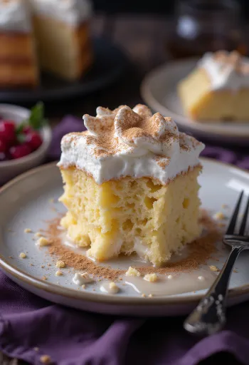 Klasyczny kawałek tres leches, biszkopt nasączony mlekiem na białym talerzu