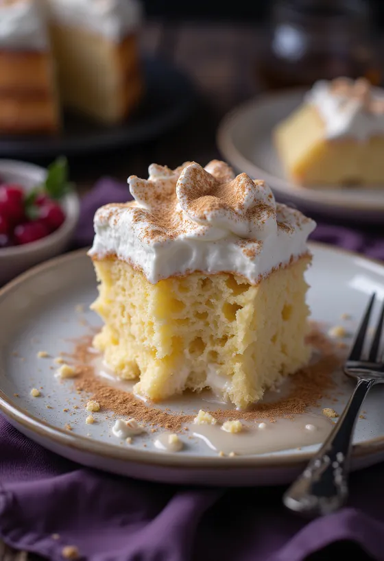 Klasyczny kawałek tres leches, biszkopt nasączony mlekiem na białym talerzu