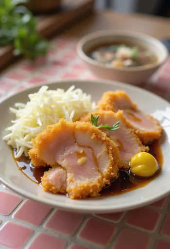 Miska Tonkatsu z musztardą, smażonym mięsem i świeżą sałatką