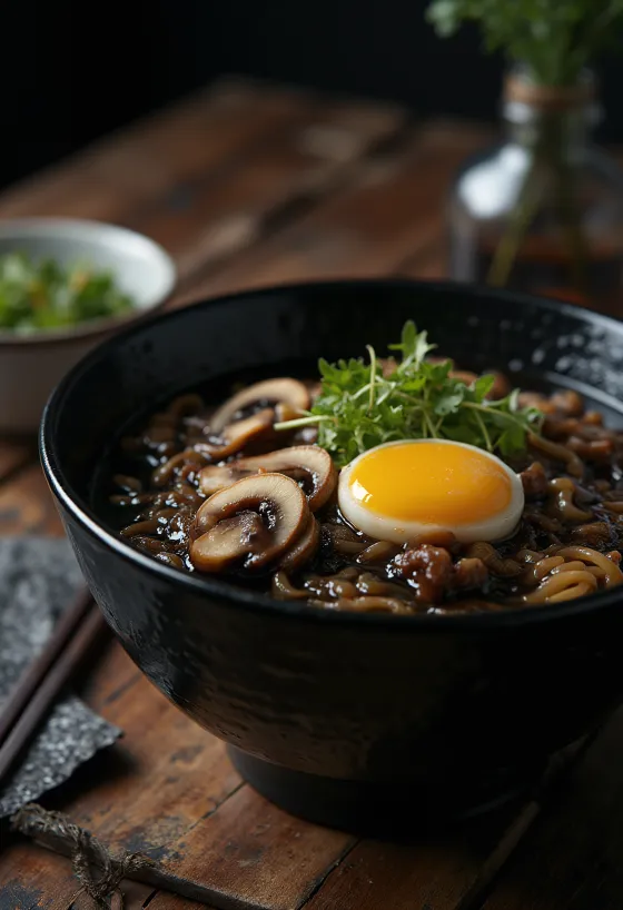 Ramen z czarnym czosnkiem podany na stół