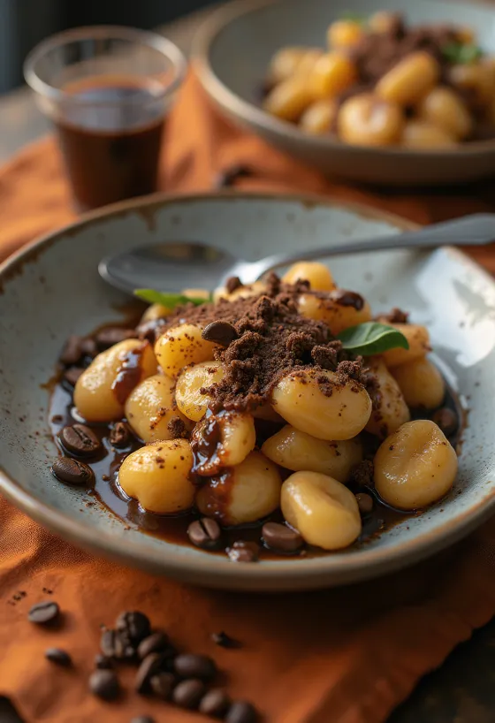 Gnocchi kawowo-czekoladowe podane na talerzu