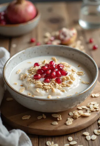 Kefir owsiany z granatem podany w szklankach, napój o kremowej konsystencji z różowymi pestkami granatu na wierzchu