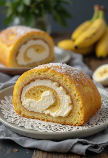 Bolo de Rolo z Bananem, w plastrach, pyszna rolada biszkoptowa z nadzieniem bananowym