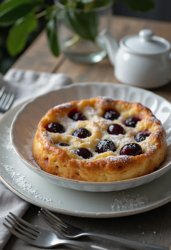 Clafoutis z czereśniami, pieczone ciasto i owoce czereśni