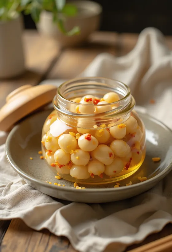 Pikantne nasiona lotosu w occie podane na talerzu