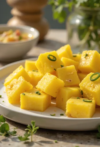 Khaman besan chana dhokla, indyjskie danie z jogurtem, czosnkiem i świeżą kolendrą