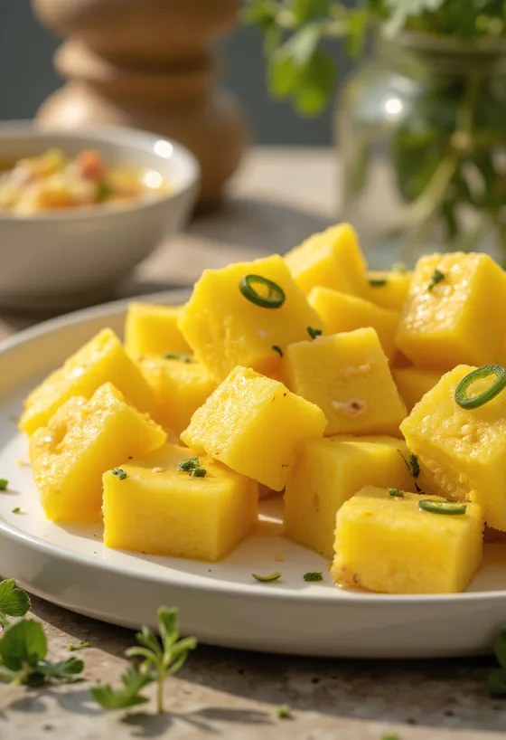 Khaman besan chana dhokla, indyjskie danie z jogurtem, czosnkiem i świeżą kolendrą