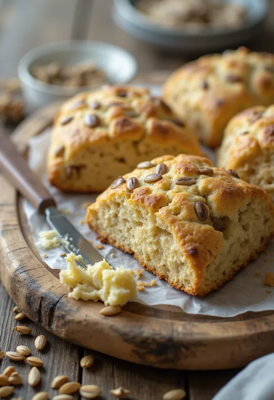 Przekrojona bułeczka scone posmarowana masłem