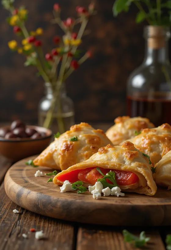 Pieczone samosy z papryką i fetą podane na talerzu