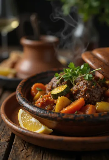 Klasyczny tagine z jagnięciną, podawany z bogactwem warzyw, w pikantnym sosie