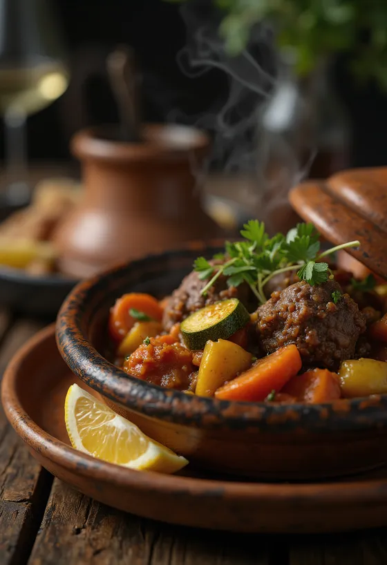 Klasyczny tagine z jagnięciną, podawany z bogactwem warzyw, w pikantnym sosie
