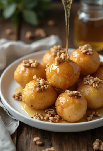 Zeppole z miodem i orzechami, złotobrązowe ciastka podawane z miodem