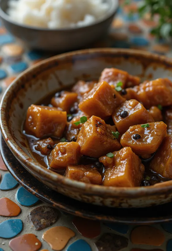 Adobo wieprzowe, podawane z ryżem i świeżą kolendrą