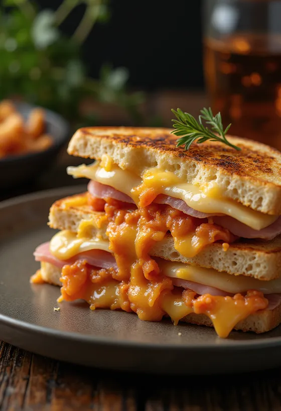 Kanapka z Kimchi podana z wędzoną szynką z indyka, serem cheddar, jajkiem i zieloną cebulką