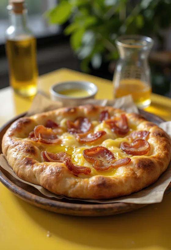 Podana focaccia z boczkiem i czerwoną cebulą