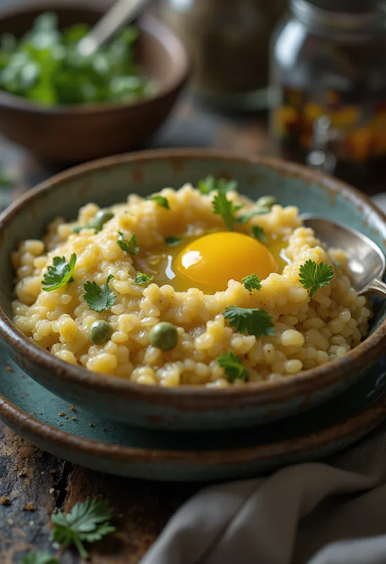 Bajra Khichdi podane, udekorowane świeżą kolendrą