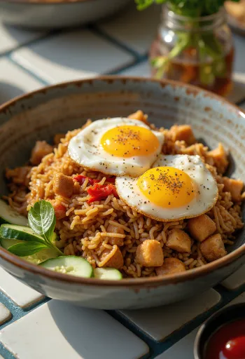 Nasi Goreng z pikantnym sosem sojowym, podawane z bogatymi przyprawami i pikantnym sosem sojowym