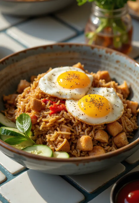 Nasi Goreng z pikantnym sosem sojowym, podawane z bogatymi przyprawami i pikantnym sosem sojowym