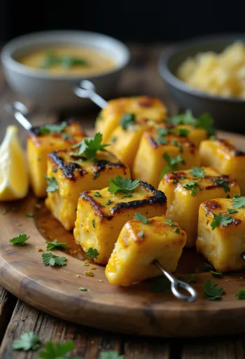 Achari paneer tikka kawałki grillowanego paneer, doprawione w marynacie jogurtowej, podawane ze świeżą kolendrą i cytryną