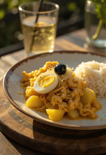 Ají de Gallina podane z cebulą, świeżym jajkiem i płatkami migdałów