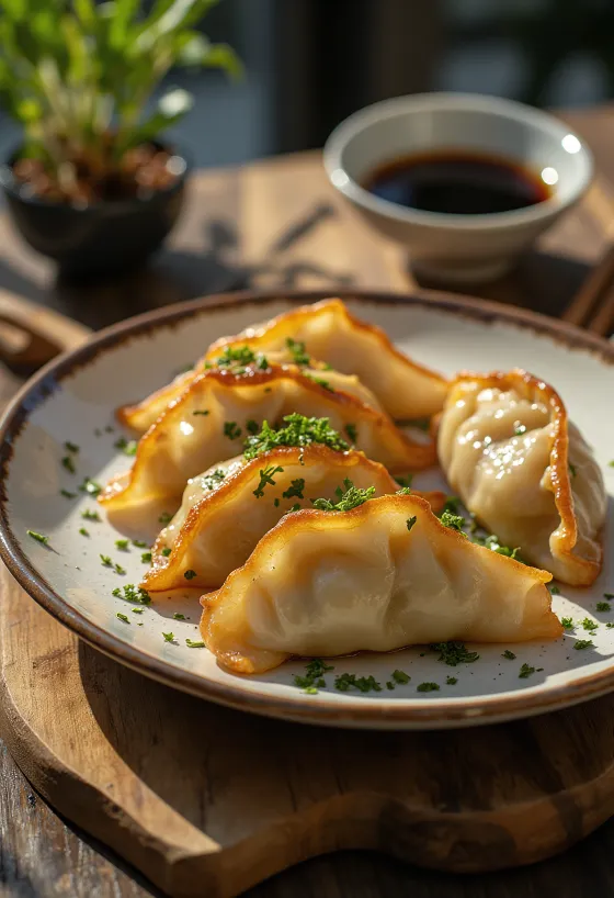 Pierożki Gyoza z makaronem sojowym, usmażone na złoty brąz i podawane z pysznym sosem sojowym