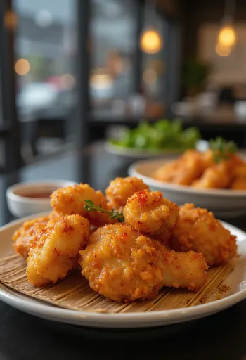 Karaage z shichimi togarashi, chrupiące kawałki kurczaka usmażone na złoty kolor