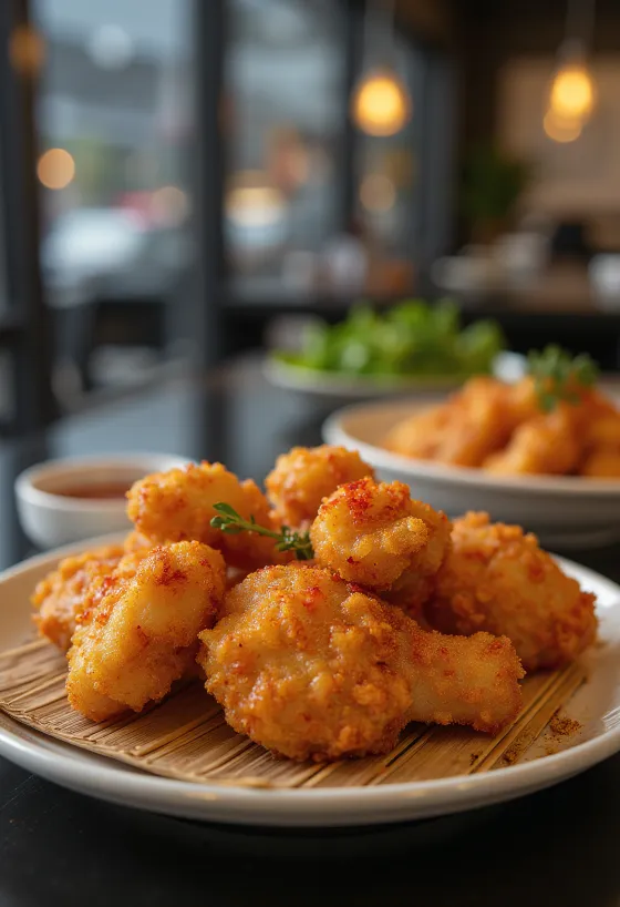 Karaage z shichimi togarashi, chrupiące kawałki kurczaka usmażone na złoty kolor