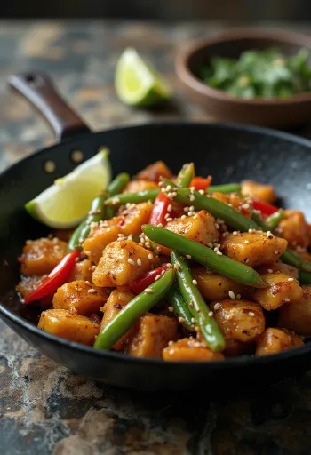 Seitan stir-fry z warzywami, podany z bogatymi smakami sosu sojowego i chrupiącymi warzywami
