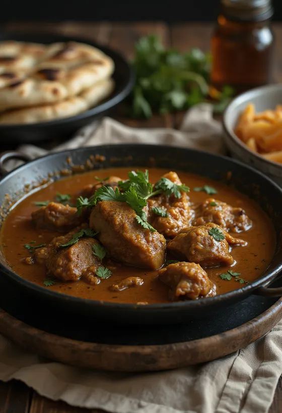 Curry goat w pikantnym sosie, bogate i apetyczne danie z mlekiem kokosowym i pomidorami