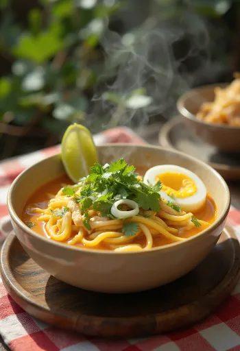 Curry laksa, pikantna zupa na bazie kokosa podana z kurczakiem, makaronem i świeżymi warzywami.