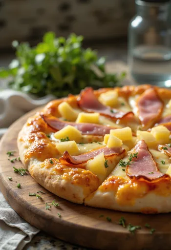 Pizza hawajska z wędzoną szynką podana na stół