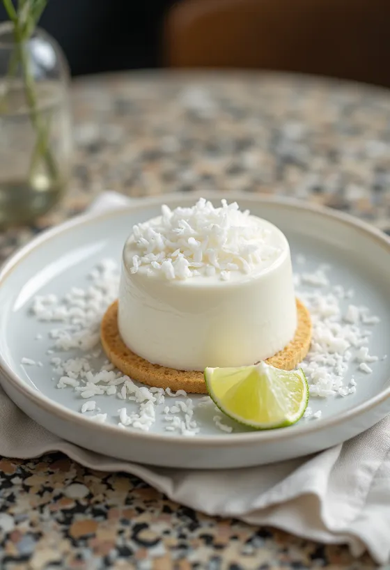 Kawałek kokosowego tortu panna cotta na talerzyku