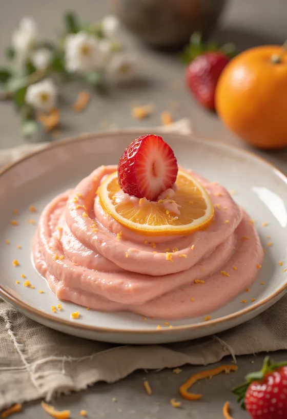 Różowe smoothie w szklance z truskawką na brzegu