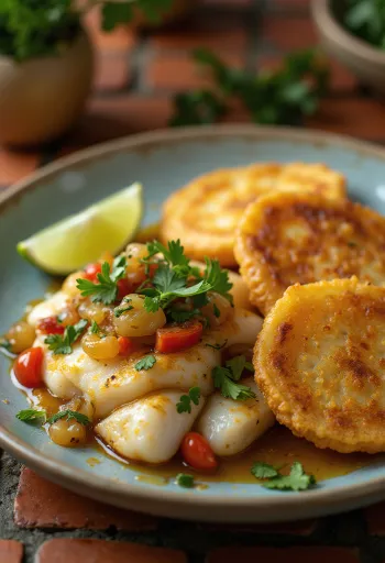 Saltfish ze smażonymi bananami, podawany z warzywami i udekorowany kolendrą