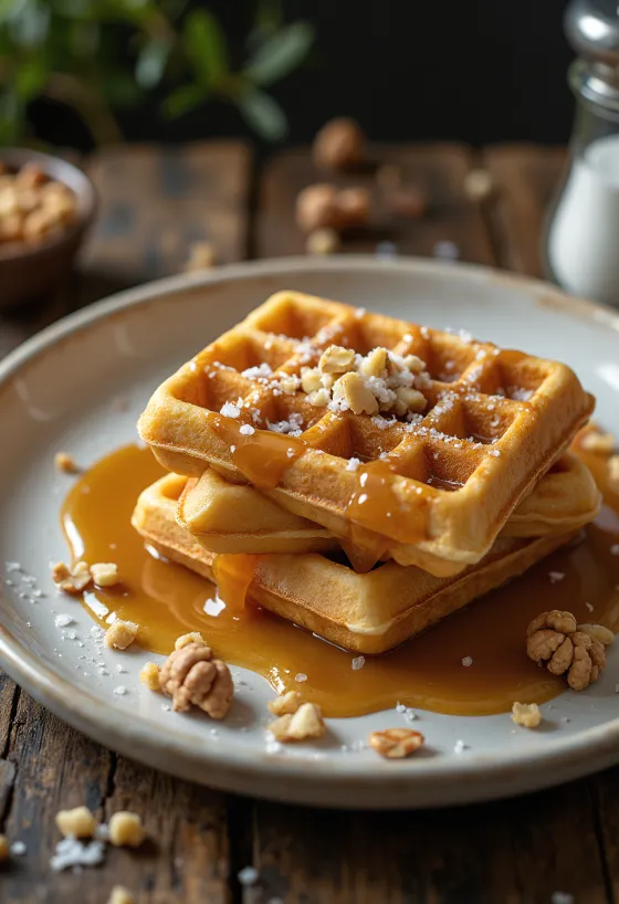 Gofry z solonym karmelem podane na talerzu