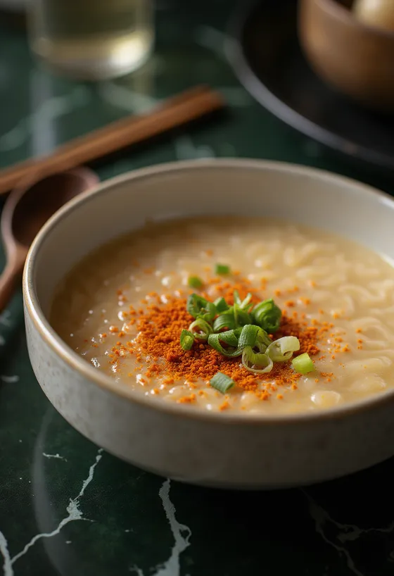 Kasu jiru z shichimi togarashi, podana z jajkiem i świeżą pietruszką