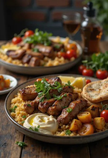 Kebab Fusion z grillowanymi mięsami, hummusem i sosem jogurtowym
