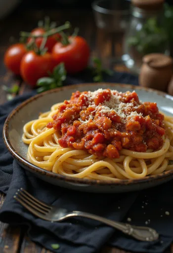 Makaron z sosem pomidorowym ze świeżą bazylią i startym parmezanem