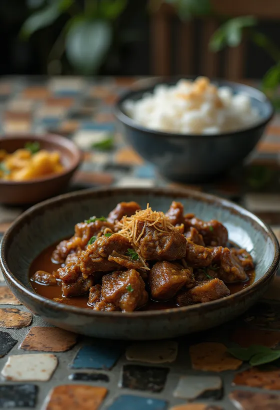 Rendang Daging, z wołowiną, mlekiem kokosowym, sokiem z limonki i świeżą kolendrą