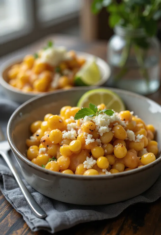 Esquites z kremem chipotle, podawane z tartym serem i limonką