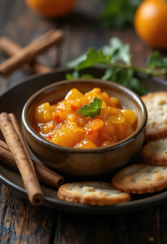 Czatnej z pomarańczy, chili i cynamonu podany na stół