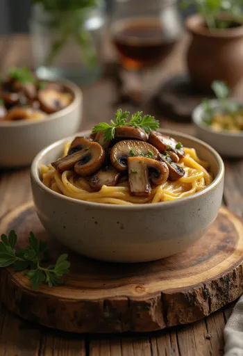 Sos grzybowy z octem balsamicznym podany z makaronem