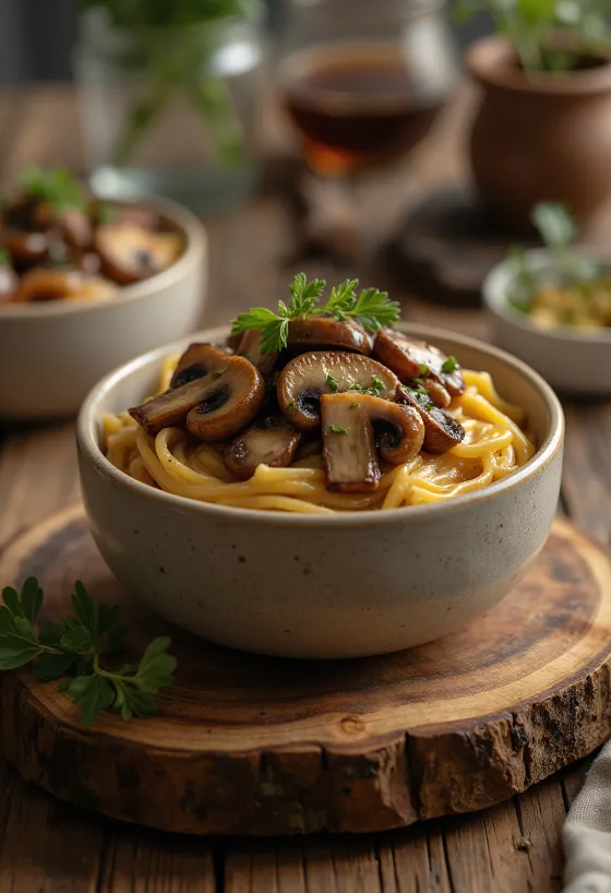 Sos grzybowy z octem balsamicznym podany z makaronem